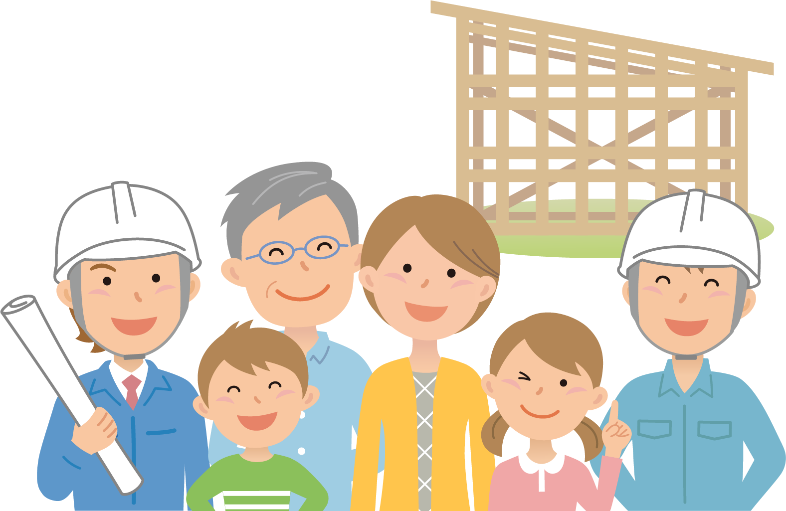 笑顔の人たちの後ろに建築中の建物